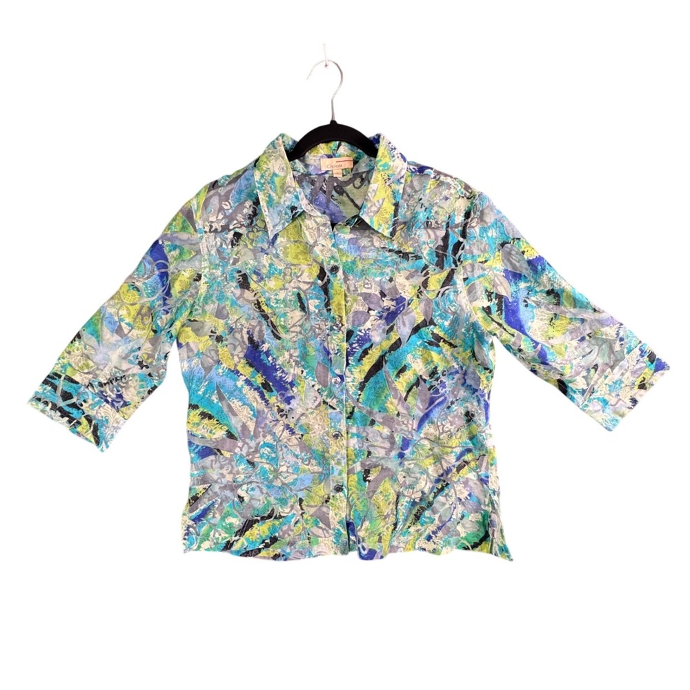 Choices Womens Boho Layering Abstract Y2K‎ Print Button Up Blouse Blue Green M